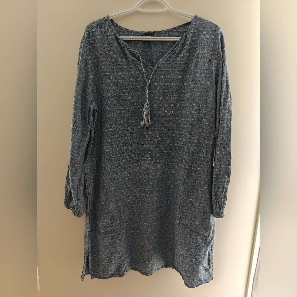 Roots Blue Textured Tunic Dress Long Sleeve With Tassel Linen Blend Size M - Picture 2 of 7